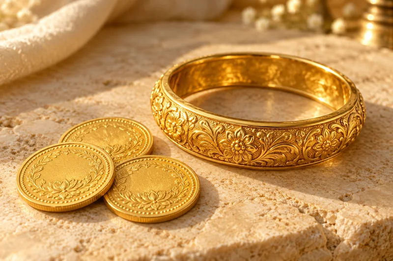 Gold coins and an engraved gold bangle on pale stone