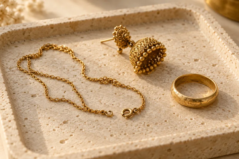 A broken gold chain, unmatched jhumka and worn gold ring
