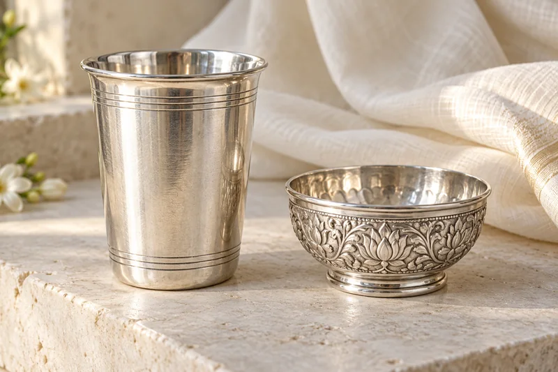 A silver tumbler and embossed silver bowl