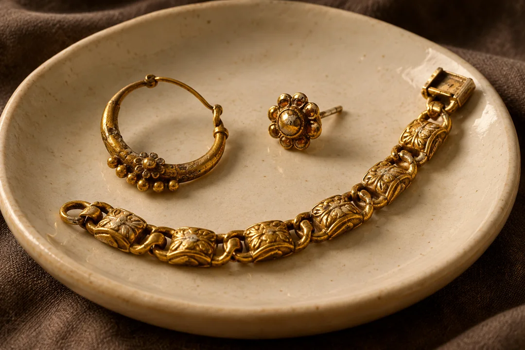 Worn gold nose ring, single stud and detached bracelet on a ceramic dish