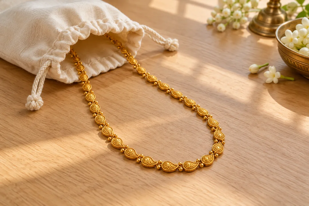 A mango-motif gold chain emerging from an ivory pouch