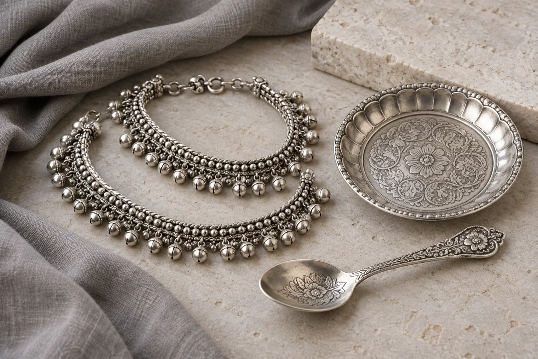 Silver anklets, an engraved spoon and a small silver plate